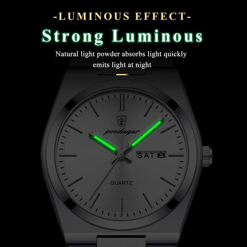POEDAGAR Luxury Business Men's Wristwatch Stainless Steel Waterproof Luminous Man Watch Date Week Fashion Quartz Watches For Men
