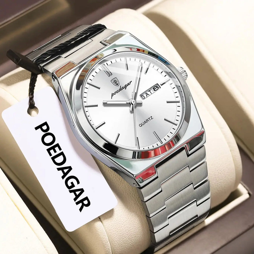 POEDAGAR Luxury Business Men's Wristwatch Stainless Steel Waterproof Luminous Man Watch Date Week Fashion Quartz Watches For Men