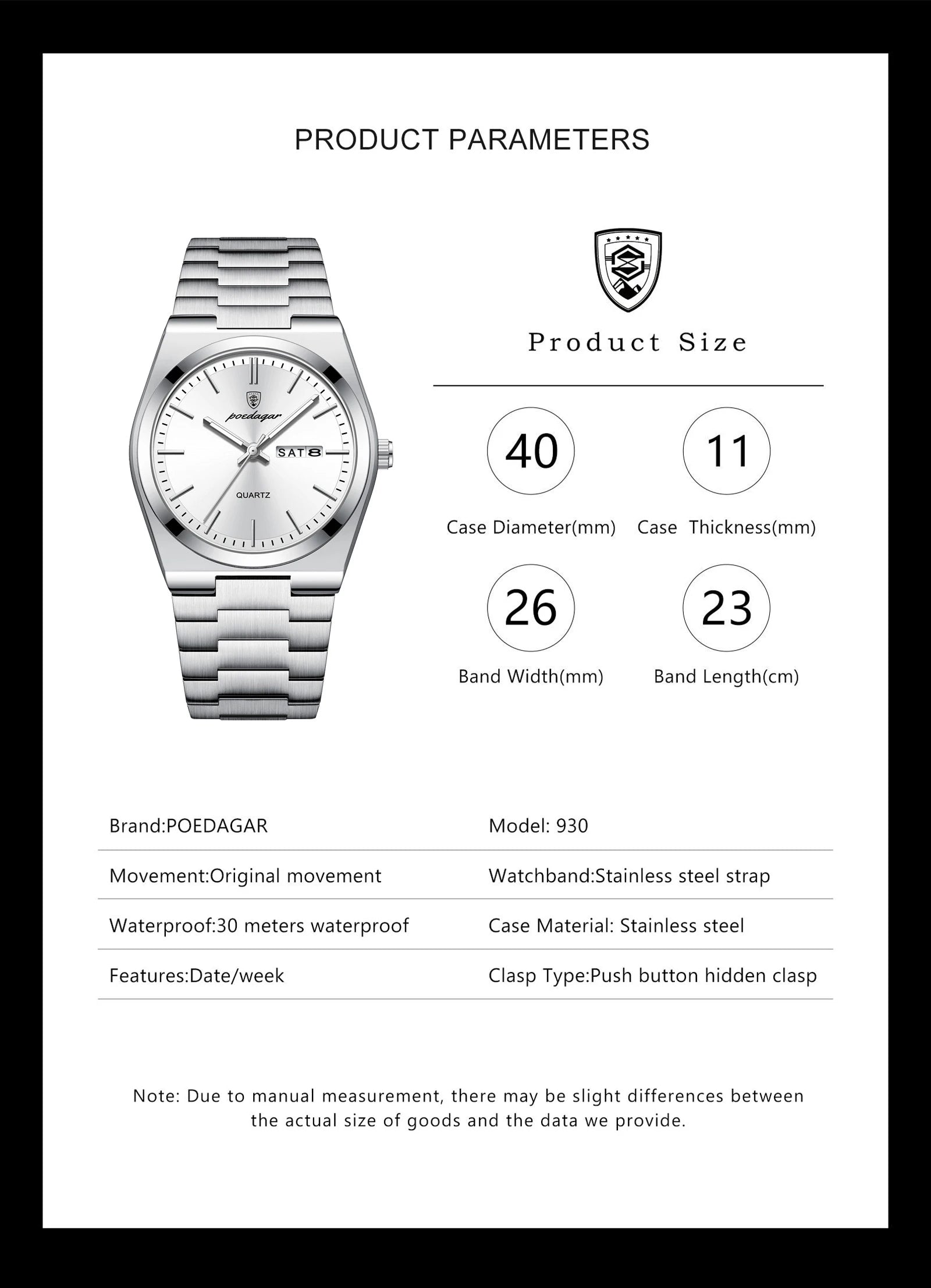 POEDAGAR Luxury Business Men's Wristwatch Stainless Steel Waterproof Luminous Man Watch Date Week Fashion Quartz Watches For Men