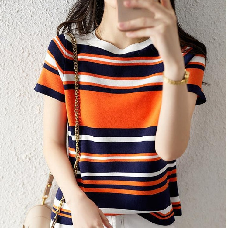 Color-block Crew-neck Knit Top Loose-fitting Sweater